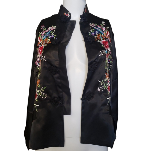 Vintage Embroidered Black Silk Satin Floral Birds Cocktail Jacket Women's Sz M - Picture 9 of 17